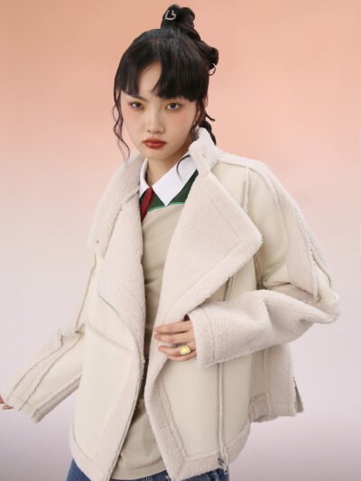MUKZIN White Cropped Wool Splicing Jacket