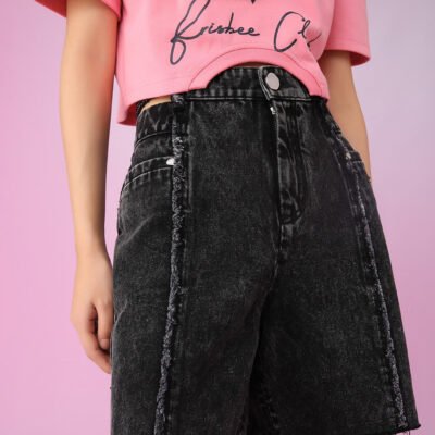 MUKZIN  A-Line Black Washed Denim Shorts All-match