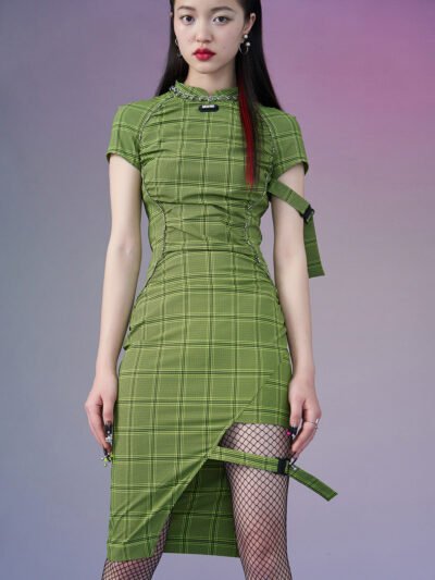 MUKZIN Green Plaid Short-sleeved Slim Cheongsam Qi Pao