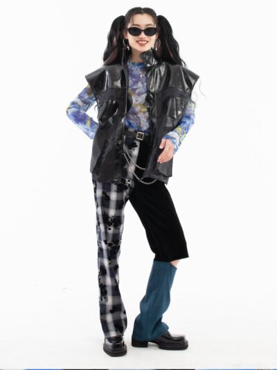 MUKTANKTWOPLUMGIRLS Stitching Houndstooth Straight-leg Wide Pants