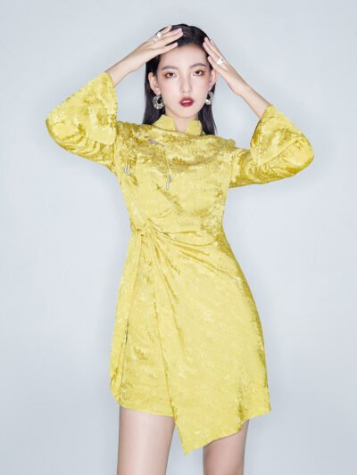 MUKZIN Linglong Jin Xi New Chinese-style Jacquard Flared Sleeve Cheongsam Dress