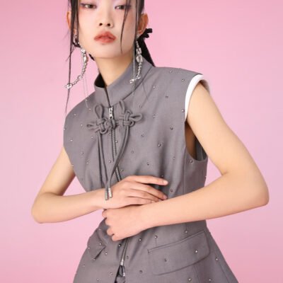 MUKZIN Color-block Chinese Style Retro Gray Stand-up Collar Vest