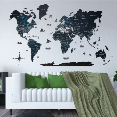 2D Wooden World Map Midnight