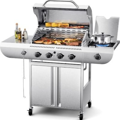 4-Burner BBQ Propane Gas Grill, 42,000 BTU Stainless Steel Barbecue Propane Grill with Side Burner G0141B