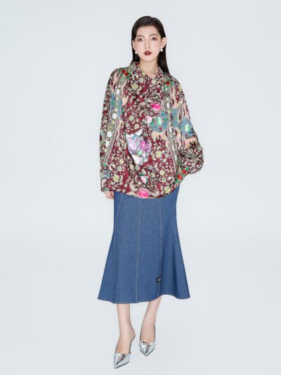 MUKZIN Linglong Yanxi Silhouette Swing Collar Satin Shirt