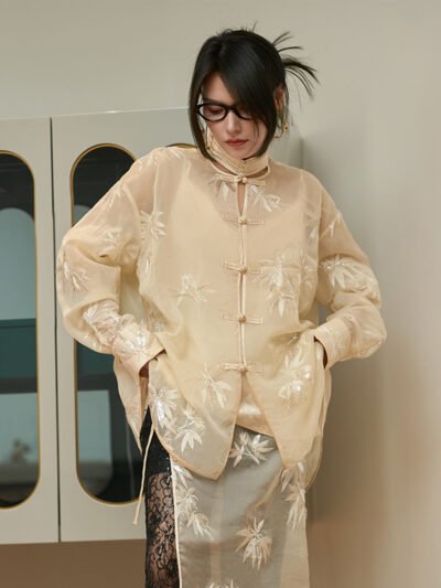 MUKZIN Chinese Style Stand Collar Shirt with Bamboo Leaf Embroidery