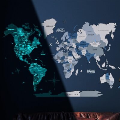 3D Luminous/Magnetic Colored Wooden World Map Aqua