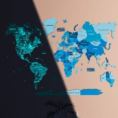 3D Luminous/Magnetic Colored Wooden World Map Azure