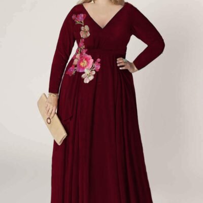 Kate Embroidered Flower Plus Size Dress in Bordeaux (Made To Order)