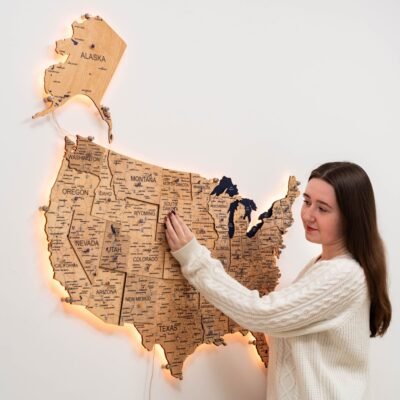 Wooden 3d LED Map of USA  - Gold