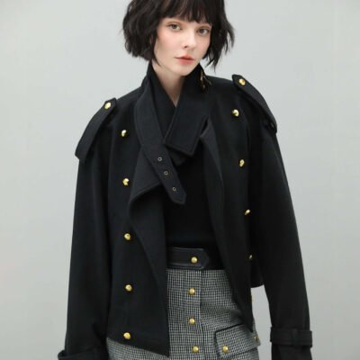 Black Double Breasted Trench Coat with a Detachable High Neck Collar
