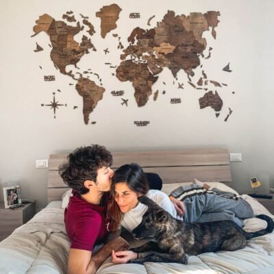 3D Wooden World Map Dark Walnut