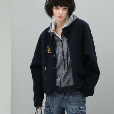 Navy Blue Stand Collar Fleece Jacket