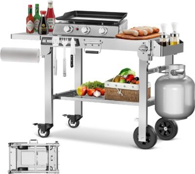 Portable Folding Grill Prep Table with Wheels, Stainless Steel BBQ Grill Stand for Camping, Tailgating and Outdoor Cooking T0130SA