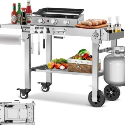 Portable Folding Grill Prep Table with Wheels, Stainless Steel BBQ Grill Stand for Camping, Tailgating and Outdoor Cooking T0130SA