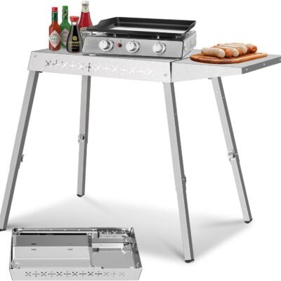 Portable Grill Prep Table with Adjustable and Folding Legs, 304 Stainless Steel BBQ Grill Stand for Tabletop Griddle and Pizza Oven T0124SA