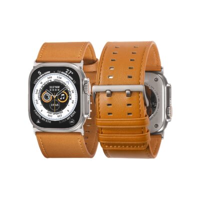 Tefeca Dual Series Replacement Watch Band Compatible with Apple Watch/ Apple Watch Ultra | Brown Leather with Silver Adapters | 44/45/46/49mm