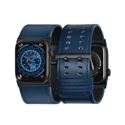 Tefeca Dual Series Replacement Watch Band Compatible with Apple Watch/ Apple Watch Ultra  Mystic Blue Leather with Black Adapters  44/45/46/49mm