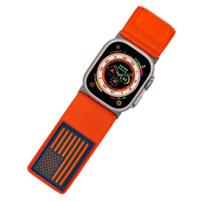 Tefeca Fortitude Series Ultra Wide Hook and Loop Band for Apple Watch /Apple Watch Ultra  Ultra Wide Nylon Orange USA Flag with Silver Adapters  44/45/46/49mm