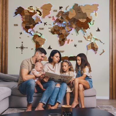 3D LED Wooden World Map 2.0 (with acrylic background)