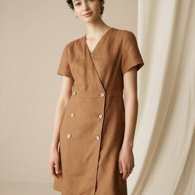 100% Linen V-Neck Double-Breasted Mini Dress COCOA