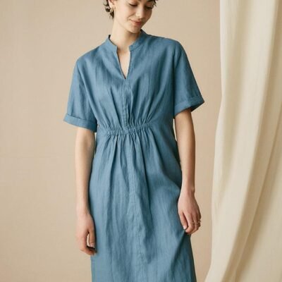 100% Linen V-Neck Elastic Waistband Dress JENNY