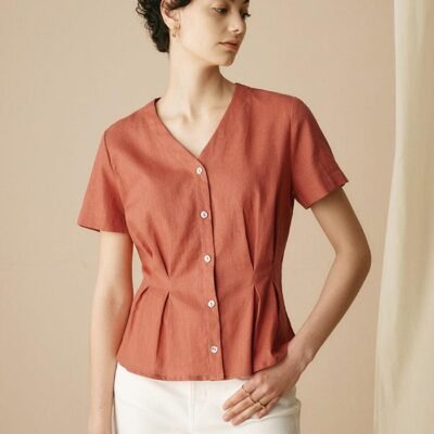 100% Linen Short-Sleeve Pleated Waist Shirt JAN