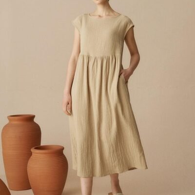 100% Linen Cap Sleeve Washed Maxi Dress