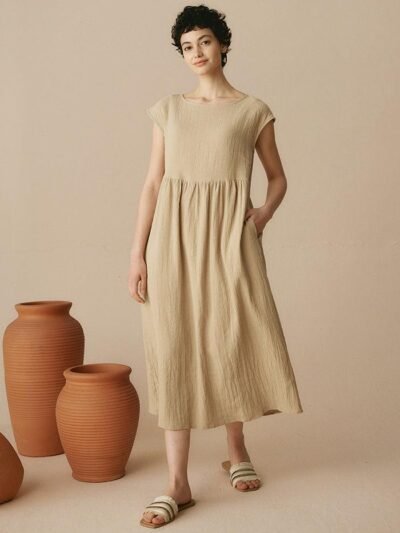 100% Linen Cap Sleeve Washed Maxi Dress