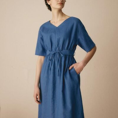Linen V-Neck Belted Dress SERENA