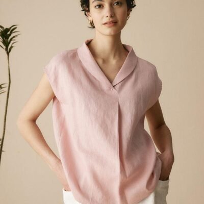 100% Linen Shawl V-Neck Cap Sleeves Top ELARA