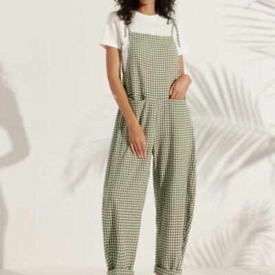 100% Linen Checked Square Neck Jumpsuit QUINCY