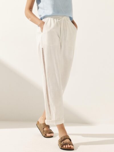 Linen Cropped Hollow Lace Stitching Ankle Length Pants YARA