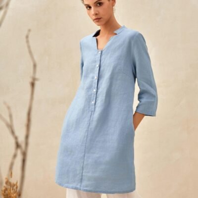 100% Linen 3/4 Sleeve Straight-Leg Long Top AMRITA