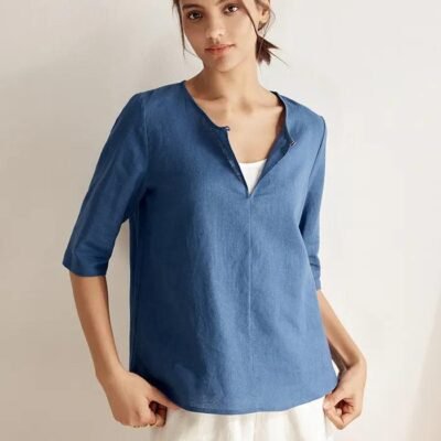 100% Linen Button-Down V-Neck Top MELANIE