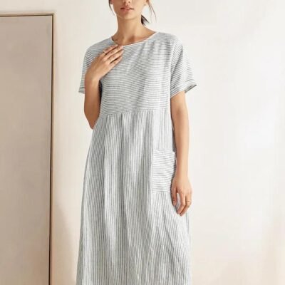 100% Linen Pinstripe Paneled Short-Sleeved Dress MORGAN