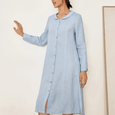 100% Linen Scoop Neck Half Placket Shirt Dress BELVA
