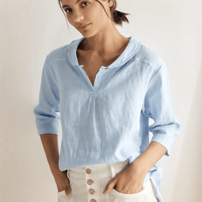 100% Linen Shawl V-Neck Half Sleeve Top JADE