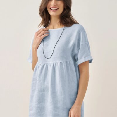 100% Linen Round Neck Pleated Pullover Top QUINLAN