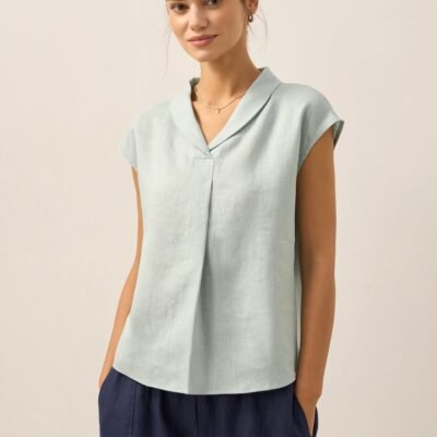 100% Linen Shawl V-Neck Cap Sleeves Top ELARA