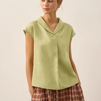 100% Linen Shawl V-Neck Cap Sleeves Top ELARA