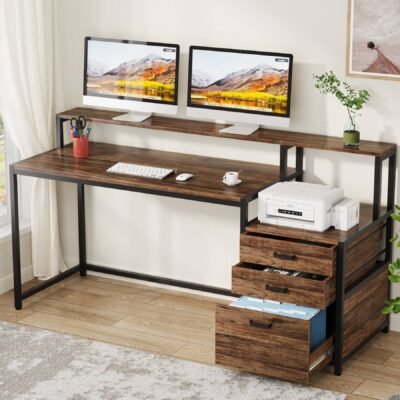 63 Computer Desk, Ergonomic Office Desk with Drawers & Monitor Stand