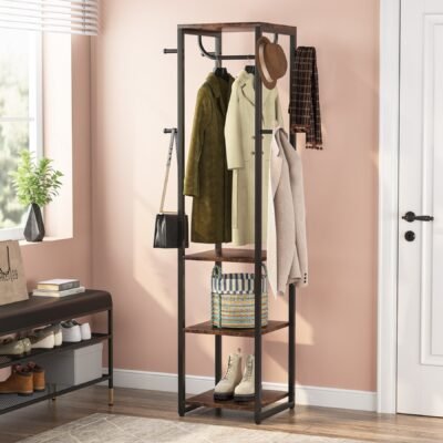 Freestanding Coat Rack, Industrial Corner Hall Tree with 4 Shelves 8 Hooks