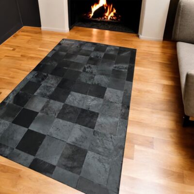 Black Square Checkered Cowhide Patchwork Rug