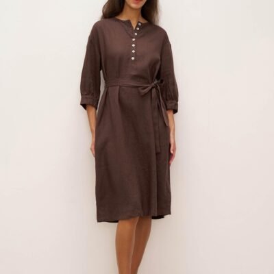 100% Linen Button Detail Midi Dress with Detachable Belt EIRA