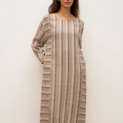 100% Linen Striped Crossweave Midi Dress ELSPETH