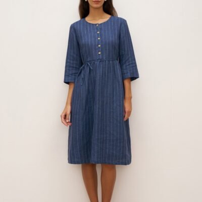 100% Linen Striped A-Line Midi Dress with Belt JULIET