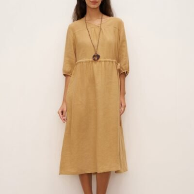 100% Linen A-Line Drawstring Waist Midi Dress DIXIE