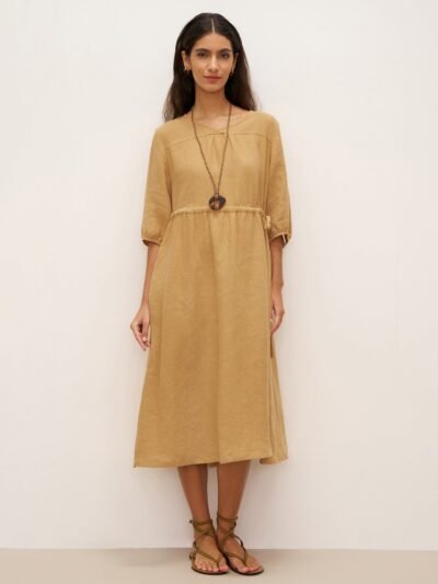 100% Linen A-Line Drawstring Waist Midi Dress DIXIE