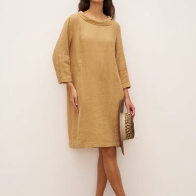 100% Linen Round Soft-Fold Collar Midi Dress DORALEE